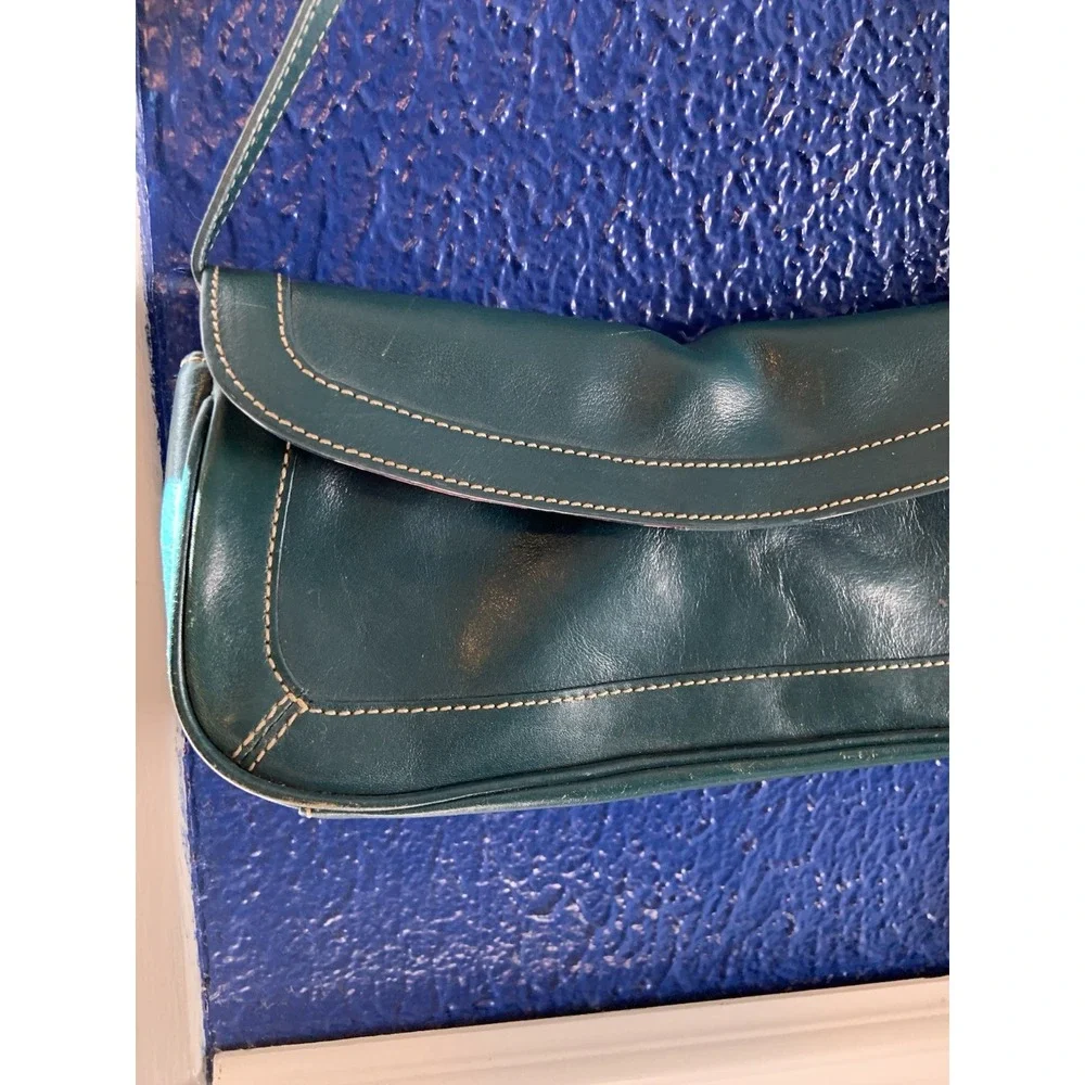 Vintage Nordstrom Y2K Green Teal Genuine Leather Shoulder Handle Bag Purse